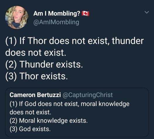 Am Mombling T AmIMombling 1 If Thor does not exist thunder does not exist 2 Thunder exists 3 Thor exists Cameron Bertuzzi CapturingChrist 1 If God does not exist moral knowledge does not exist PALYCIEIGIN L EYSTS N ELLESIEEN 1117 AM 12 Oct 19