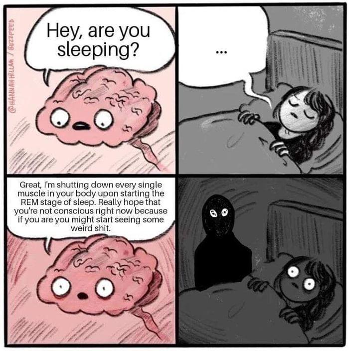 Hey are you l sleeping Great Im shutting down every single muscle in your body upon starting the REM stage of sleep Really hope that youre not conscious right now because if you are you might start seeing some weird shit