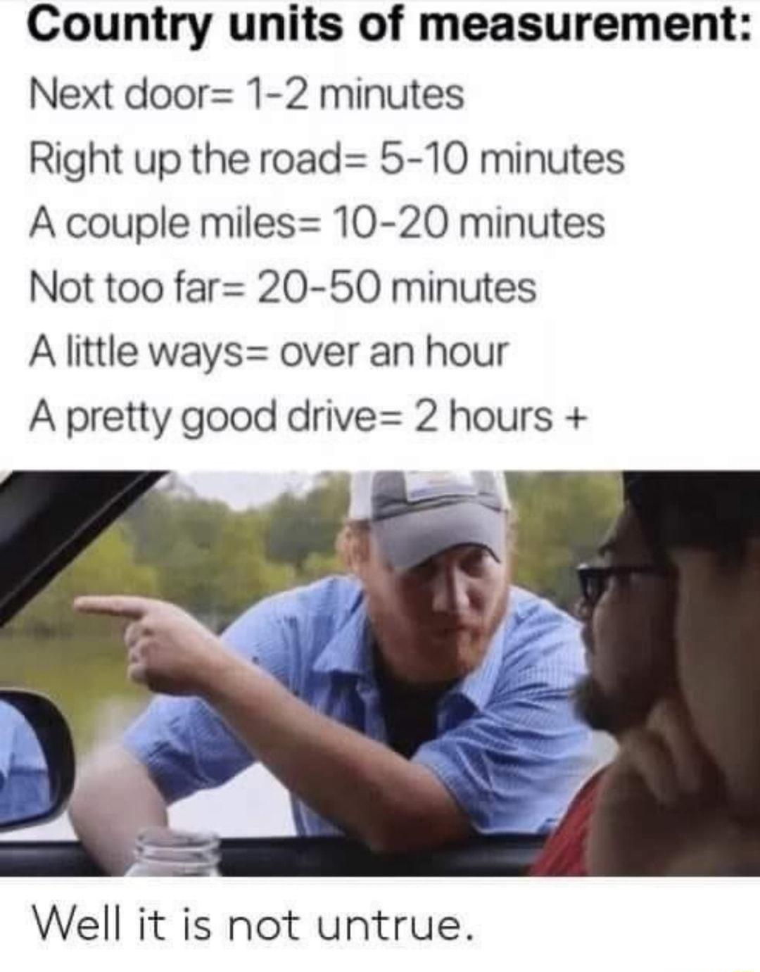 Country units of measurement Next door 1 2 minutes Right up the road 5 10 minutes A couple miles 10 20 minutes Not too far 20 50 minutes A little ways over an hour A pretty good drive 2 hours Well it is not untrue