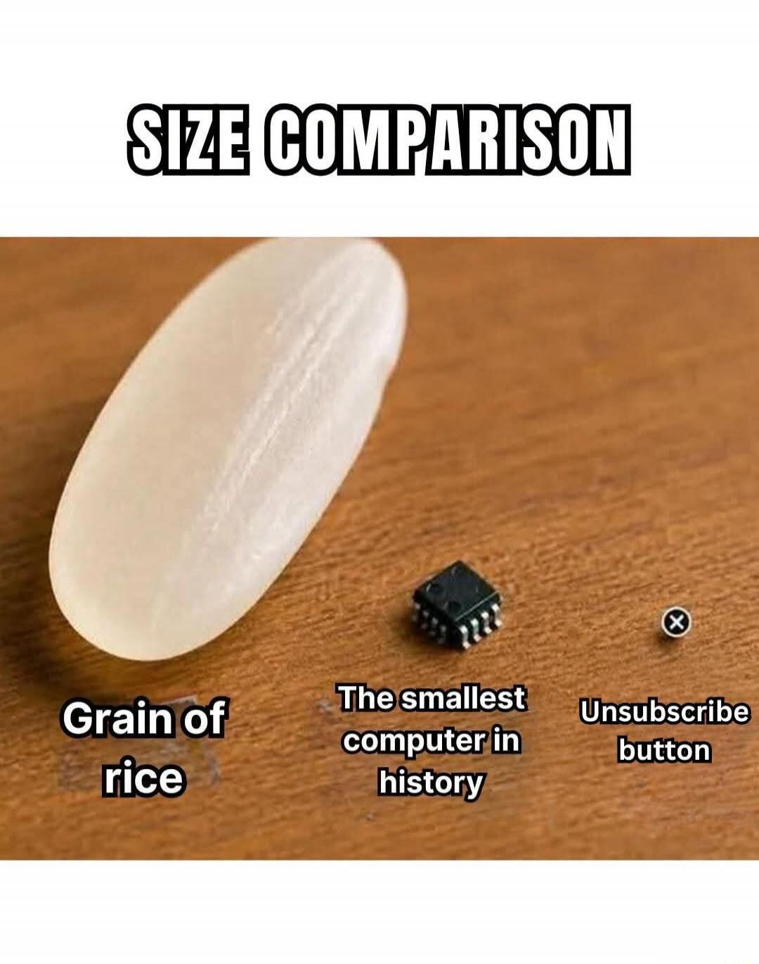 SIZE COMPARISON. Grain of rice. The smallest computer in history. Unsubscribe button.