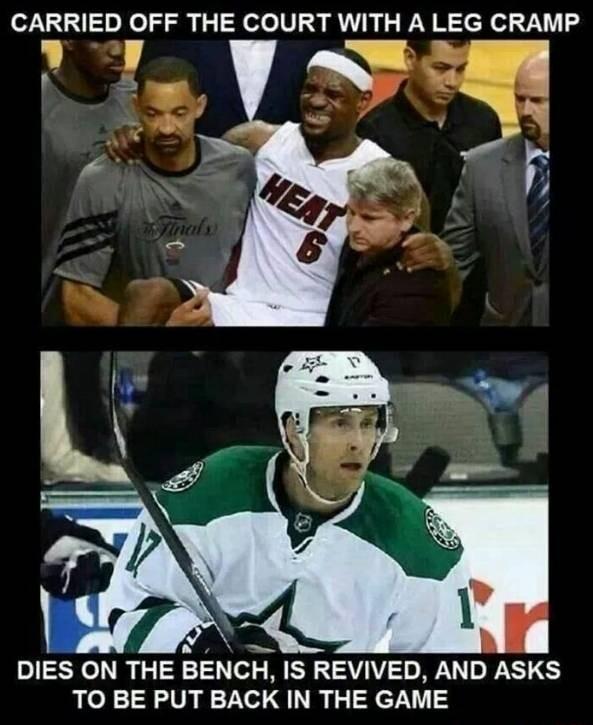 CARRIED OFF THE COURT WITH A LEG CRAMP Y 2 DIES ON THE BENCH IS REVIVED AND ASKS TO BE PUT BACK IN THE GAME