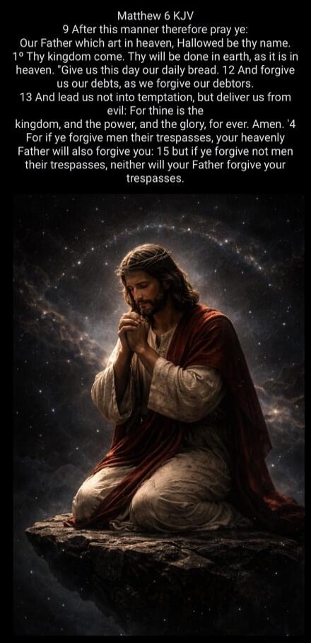 Matthew 6 KJV
9 After this manner therefore pray ye:
Our Father which art in heaven, Hallowed be thy name.
10 Thy kingdom come. Thy will be done in earth, as it is in heaven. Give us this day our daily bread. 12 And forgive us our debts, as we forgive our debtors.
13 And lead us not into temptation, but deliver us from evil: For thine is the kingdo
