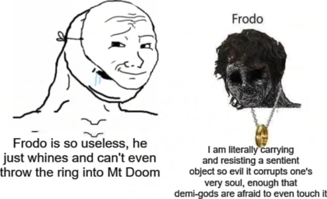 Frodo and resisting a sentient Frodo is so useless he just whines and cant even throw the ring into Mt Doom object so evil it corrupts ones very soul enough that demi gods are afvaid to even touch