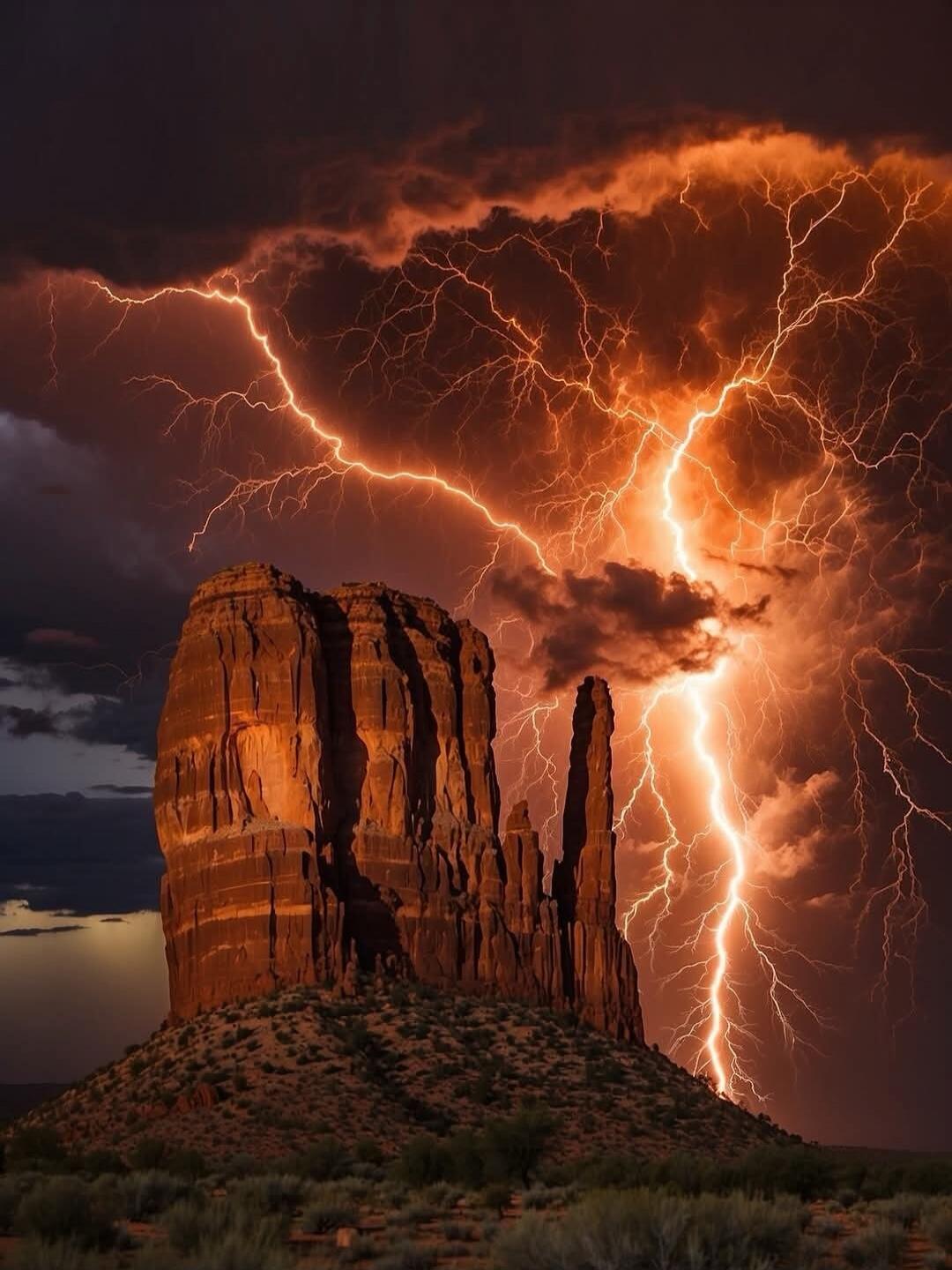 A dramatic lightning storm over a desert rock formation.