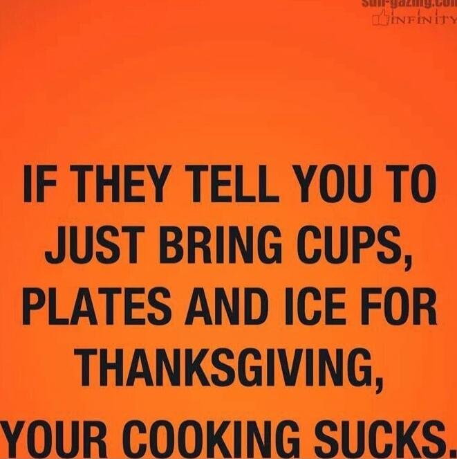 IF THEY TELL YOU TO JUST BRING CUPS, PLATES AND ICE FOR THANKSGIVING, YOUR COOKING SUCKS.