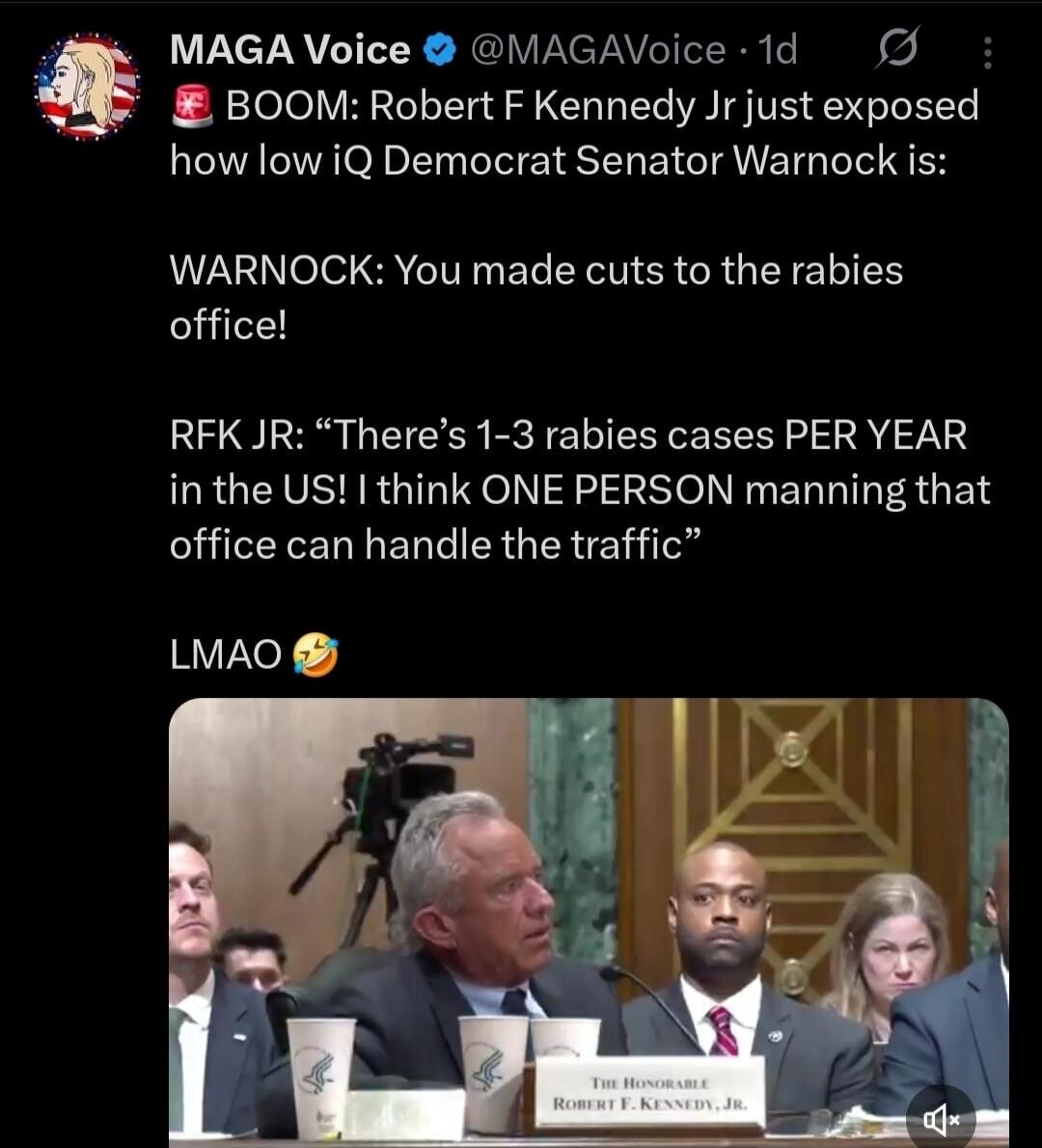 BOOM: Robert F Kennedy Jr just exposed how low iQ Democrat Senator Warnock is: WARNOCK: You made cuts to the rabies office! RFK JR: 