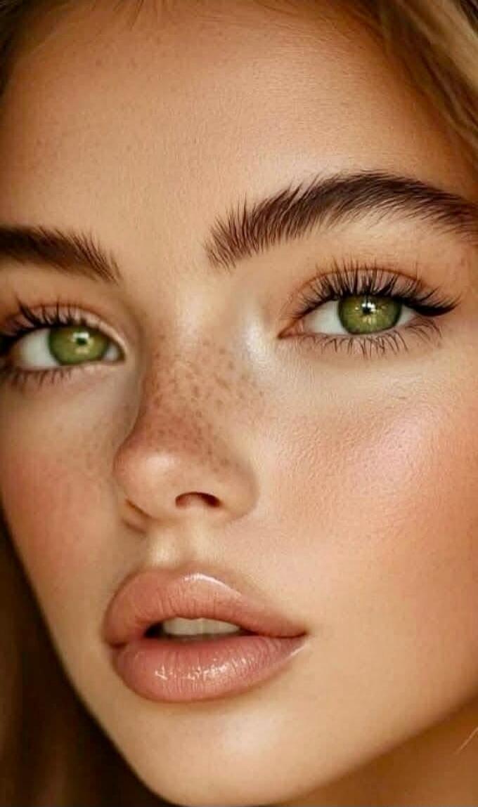 Close-up portrait of a woman with freckles, green eyes, and glossy lips.