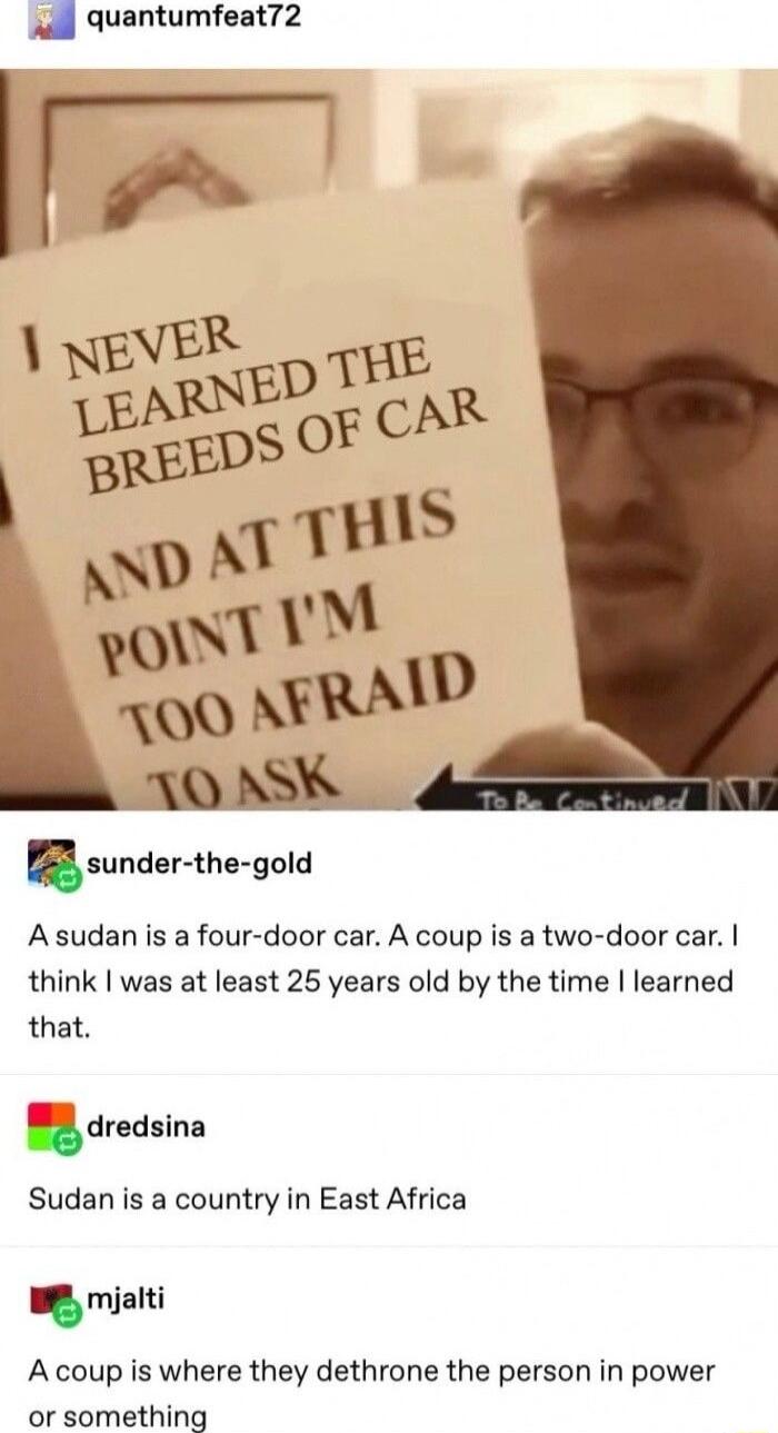 w Quantumfeat72 aundertha gold Asudan is a four door car A coup is a two door car think was at least 25 years old by the time learned that dredslnl Sudan is a country in East Africa o mialti A coup is where they dethrone the person in power or something