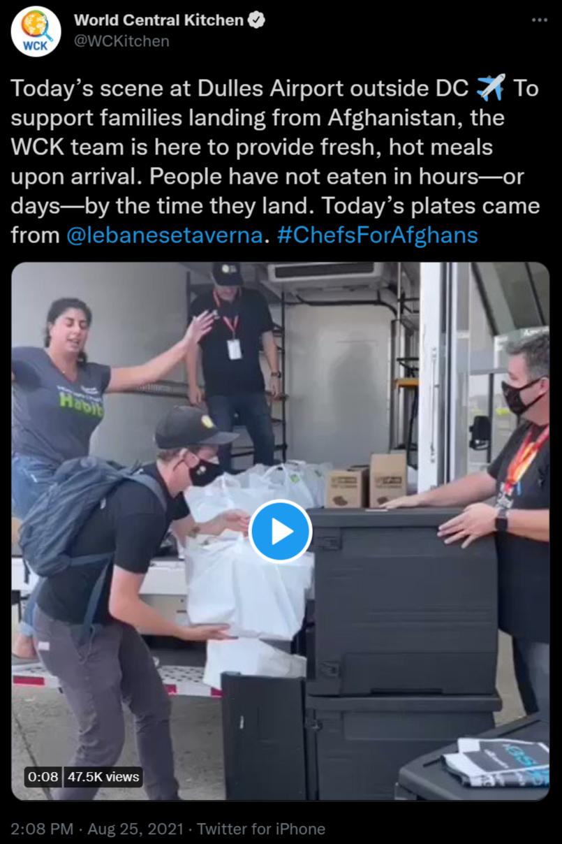 World Central Kitchen WCKitchen Todays scene at Dulles Airport outside DC 2 To support families landing from Afghanistan the 1011Q CCET RN TR ol ol oViTo SR T M T A L1 B upon arrival People have not eaten in hoursor PN VA L TR 10 TR g TAVA FT o Te TR Koo Y VAR o EEY T o214 1Y igeln
