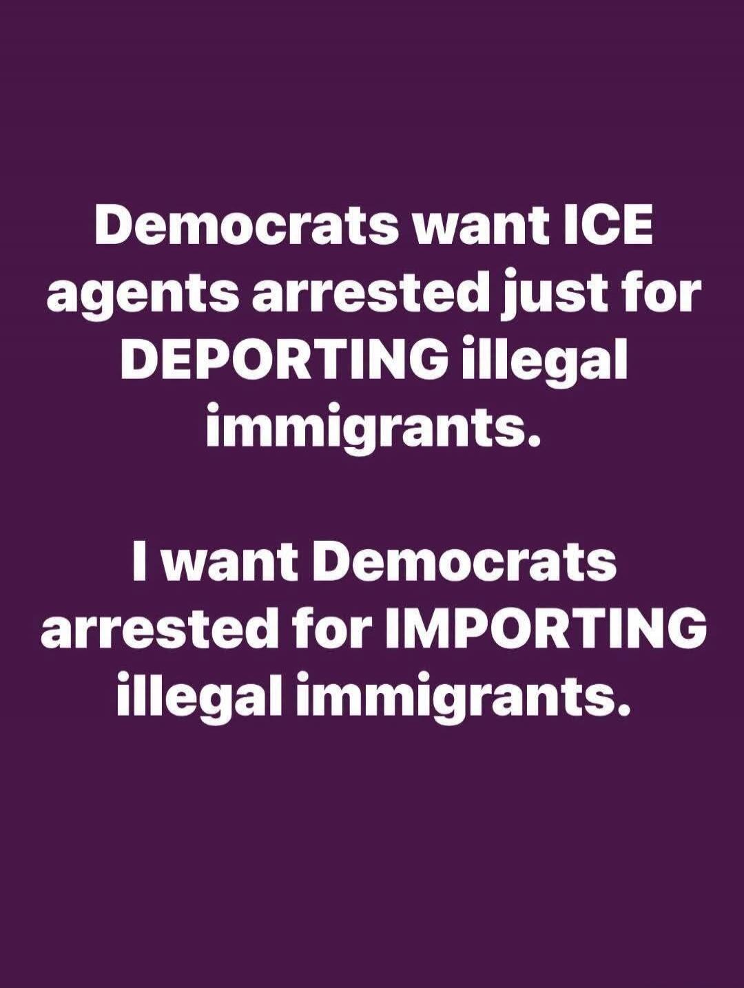 Democrats want ICE agents arrested just for DEPORTING illegal immigrants. I want Democrats arrested for IMPORTING illegal immigrants.