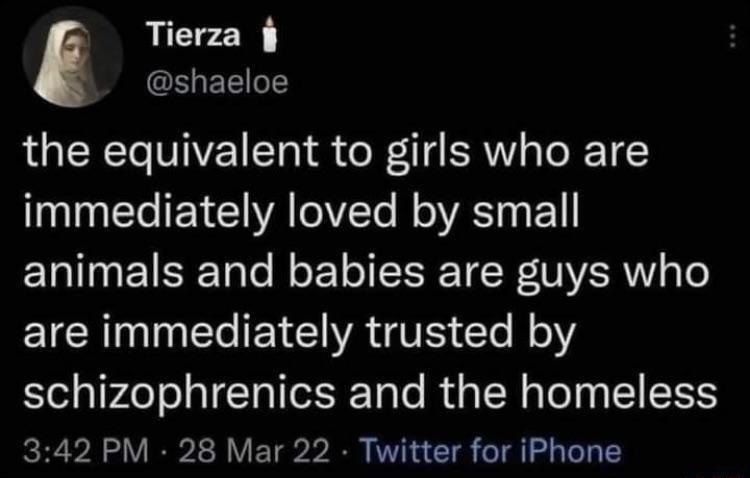 Tierza EEIEY R LNCTo WTVEE T o I 4 RNV s ToRET Y immediately loved by small TN ETSEETale B ol oI SERET W TIER o To EICHININEGEYCIRGTE Cle R schizophrenics and the homeless 342 PM 28 Mar 22 Twitter for iPhone