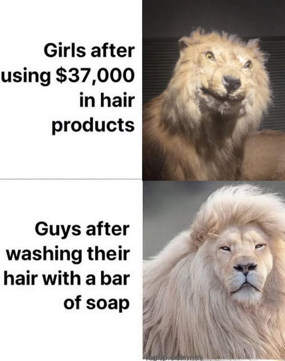Girls after using $37,000 in hair products. Guys after washing their hair with a bar of soap.