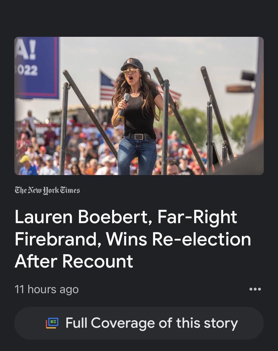 TheNewdork Times Lauren Boebert Far Right Firebrand Wins Re election After Recount 11 hours ago L Full Coverage of this story