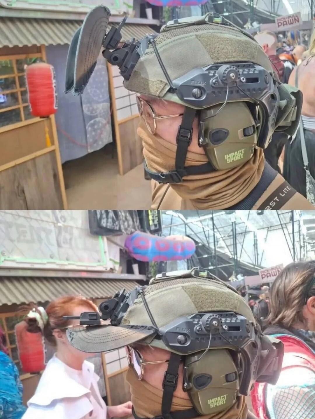 A person wearing a tactical helmet with 'FLUX' branding, 'IMPACT SPORT' earmuffs, and a modified baseball cap. In the background, text like 'PICK-PULL PAWN' and 'DAWN' is visible.