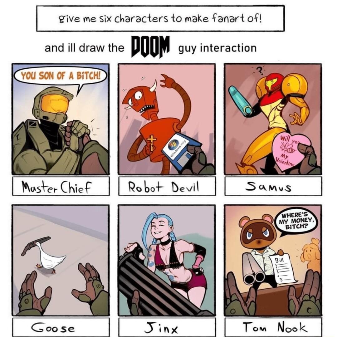 give me six characters to make fanart of and ill draw the u guy interaction 7 33 Goose Jinx Tom Nook