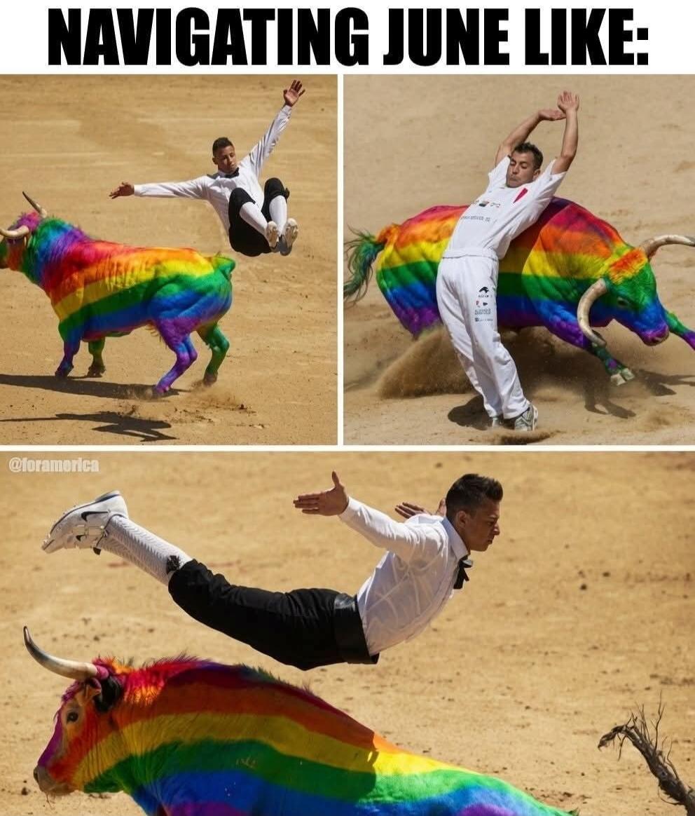 NAVIGATING JUNE LIKE: The image shows three panels of men performing acrobatic jumps over a bull painted with rainbow colors in an arena. The men are dressed in white shirts and dark pants or all white outfits, mid-air as they skillfully avoid the bull.