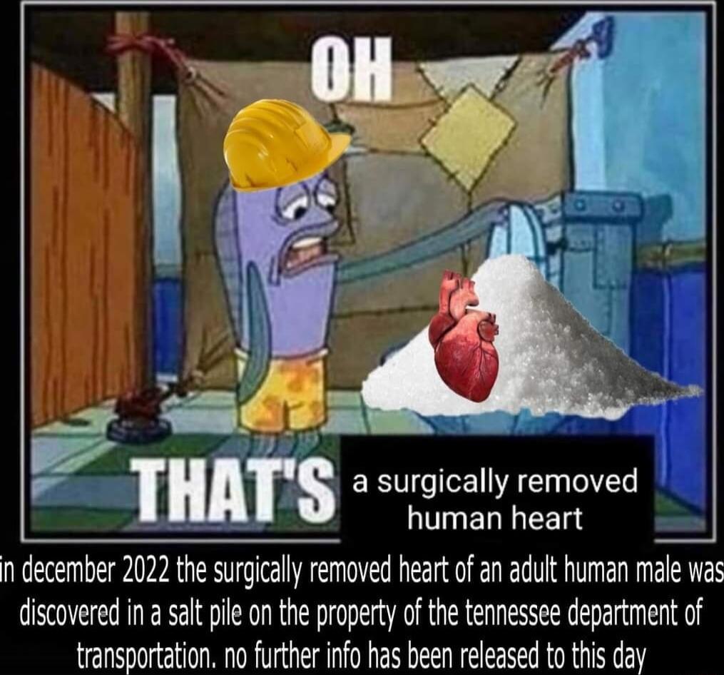 a surgically removed P LT ELIEET n december 2022 the surgically removed heart of an adult human male was discovered in a salt pile on the property of the tennessee department of transportation no further info has been released to this day