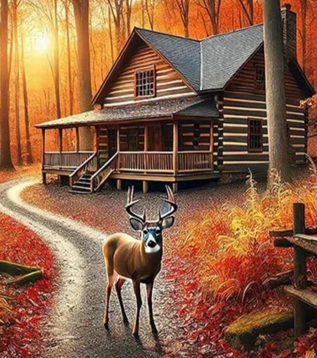 A deer stands on a path in front of a wooden cabin in an autumn forest.