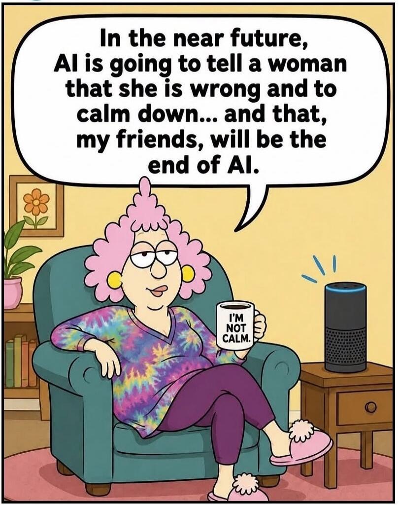 In the near future, AI is going to tell a woman that she is wrong and to calm down... and that, my friends, will be the end of AI. I'M NOT CALM.