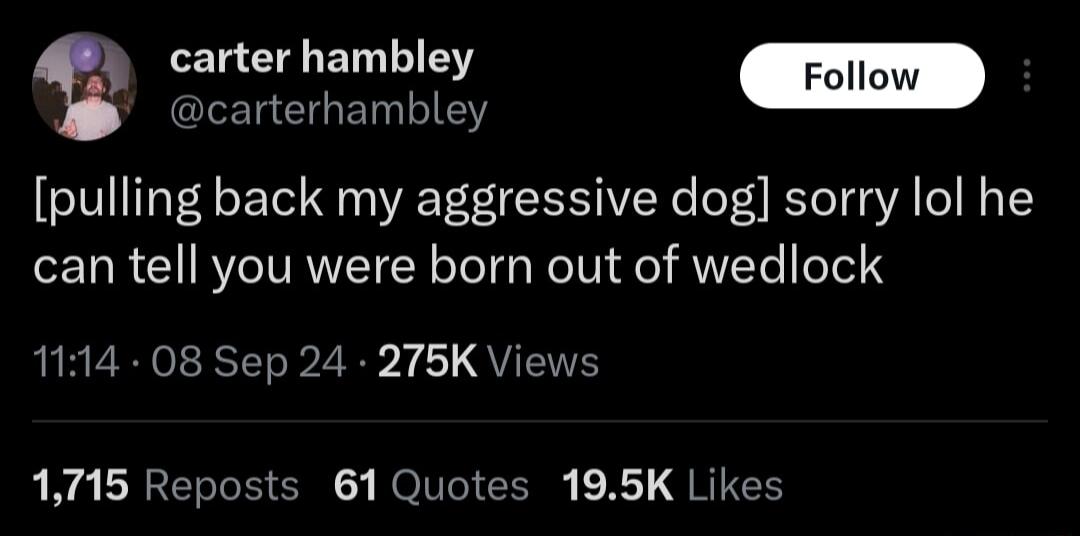 R EL LI carterhambley pulling back my aggressive dog sorry lol he can tell you were born out of wedlock 1114 08 Sep 24 275K Views 1715 Reposts 61 Quotes 195K Likes