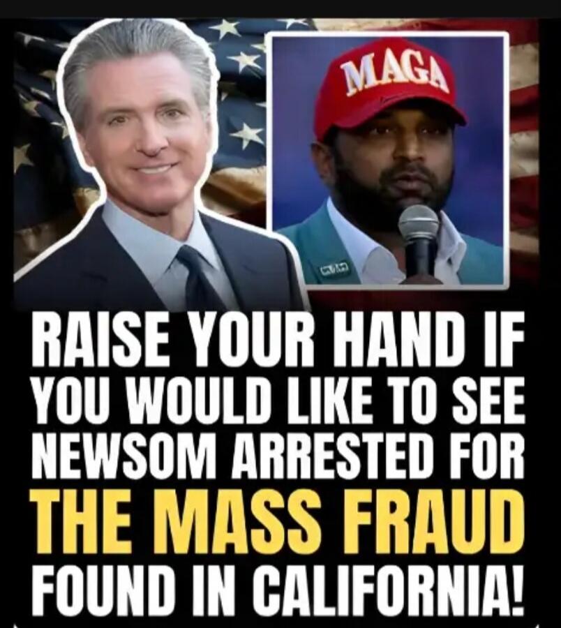 RAISE YOUR HAND IF YOU WOULD LIKE TO SEE NEWSOM ARRESTED FOR THE MASS FRAUD FOUND IN CALIFORNIA!