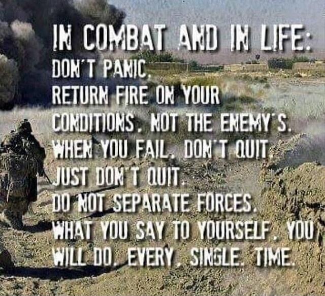 IN COMBAT AND IN LIFE:
DONT PANIC,
RETURN FIRE ON YOUR
CONDITIONS, NOT THE ENEMY'S.
WHEN YOU FAIL, DONT QUIT
JUST DON'T QUIT
DO NOT SEPARATE FORCES
WHAT YOU SAY TO YOURSELF, YOU
WILL DO, EVERY SINGLE TIME.