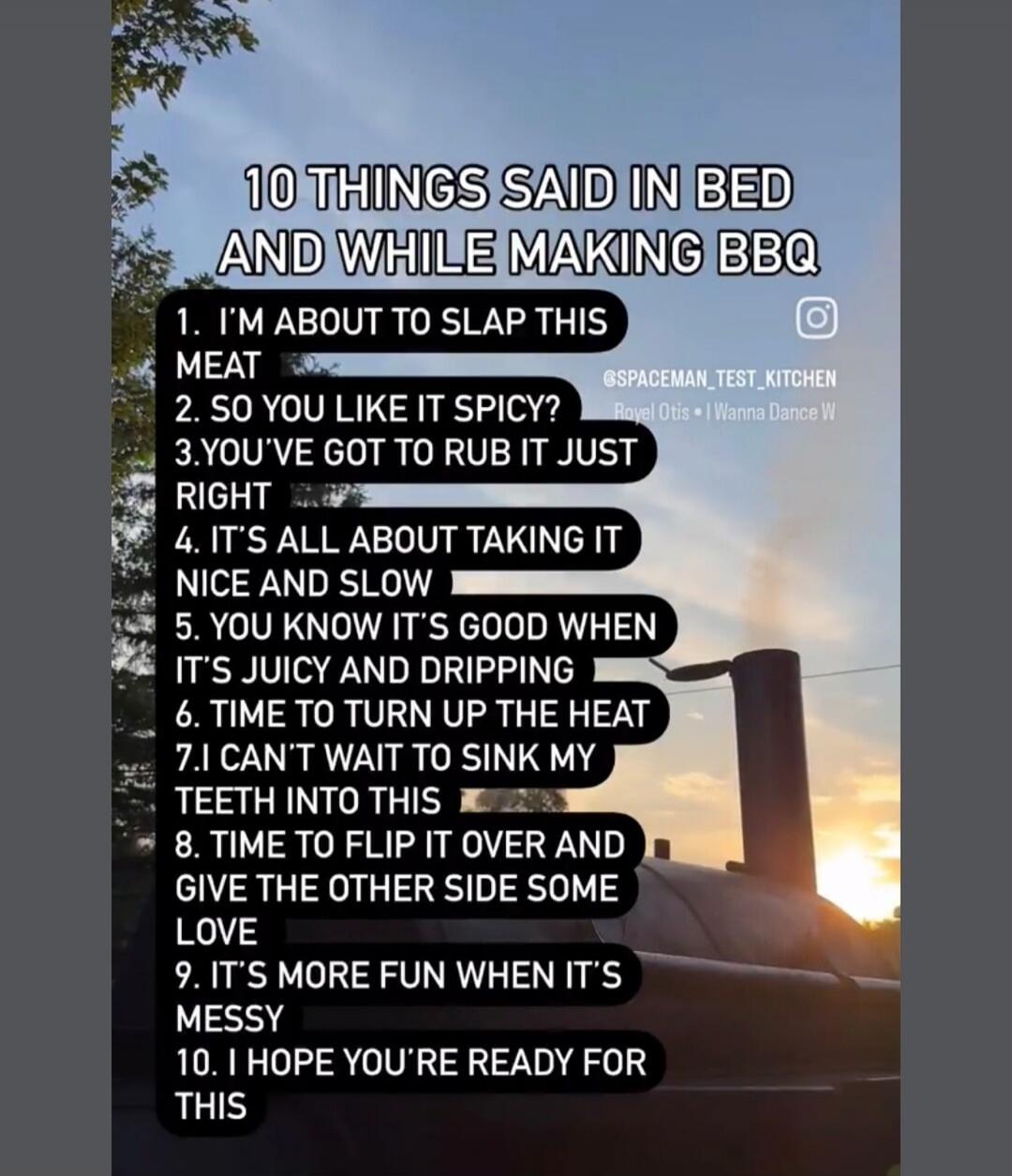 10 THINGS SAID IN BED AND WHILE MAKING BBQ
1. I'M ABOUT TO SLAP THIS MEAT
2. SO YOU LIKE IT SPICY?
3. YOU'VE GOT TO RUB IT JUST RIGHT
4. IT'S ALL ABOUT TAKING IT NICE AND SLOW
5. YOU KNOW IT'S GOOD WHEN IT'S JUICY AND DRIPPING
6. TIME TO TURN UP THE HEAT
7. I CAN'T WAIT TO SINK MY TEETH INTO THIS
8. TIME TO FLIP IT OVER AND GIVE THE OTHER SIDE SOME