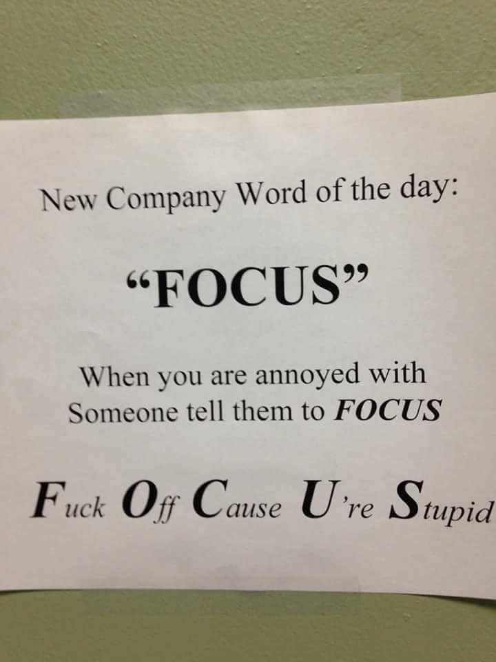 New Company Word of the day FOCUS When you are annoyed with Someone tell them to FOCUS F uck Or Cause U re S tupid