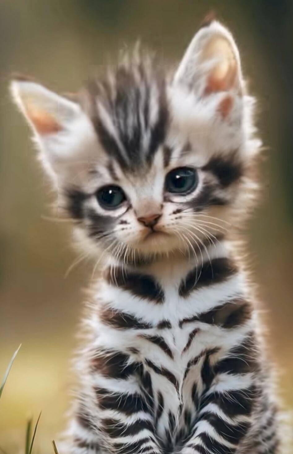 A cute striped kitten looking into the camera.