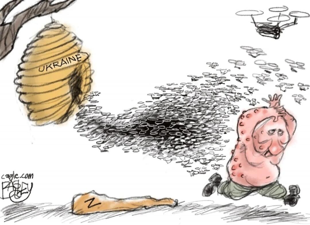 A political cartoon depicts a beehive labeled 'UKRAINE' hanging from a tree. A large swarm of small, dark shapes, some clearly identifiable as drones, is emerging from the beehive and flying towards a panicked, red-skinned man covered in bumps, who is running away with his hands raised. On the ground, a log-like object with the letter 'Z' on it is 