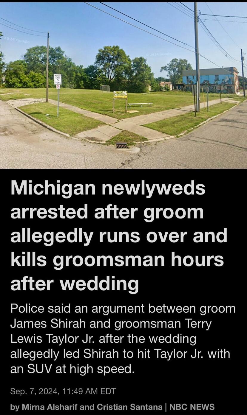 Y Te2 g1 F Ta WA LAV ANTLT arrested after groom Yo To A VT R eYVT g T2 Lo kills groomsman hours F 11 T WVTYe o yT Police said an argument between groom NETGESRSTTE RETolo ReTolelyy T E MITeaY RN F Vi o TGN T i T TRYTe fo g o allegedly led Shirah to hit Taylor Jr with an SUV at high speed Sep 7 2024 1149 AM EDT by Mirna Alsharif and Cristian Santana NBC NEWS
