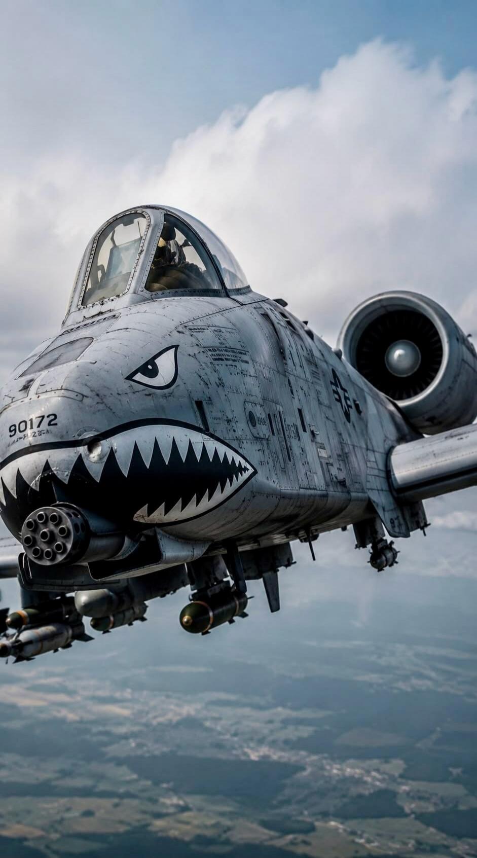 An A-10 Thunderbolt II (Warthog) attack aircraft in flight, featuring a distinctive shark mouth nose art and the number 90172 on its fuselage. A pilot is visible in the cockpit. The aircraft is armed with missiles and bombs under its wings.