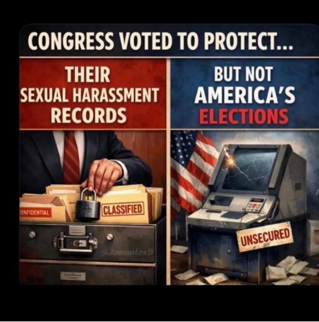 CONGRESS VOTED TO PROTECT... THEIR SEXUAL HARASSMENT RECORDS BUT NOT AMERICA'S ELECTIONS. Text on folders: CONFIDENTIAL, CLASSIFIED. Text on voting machine: UNSECURED.