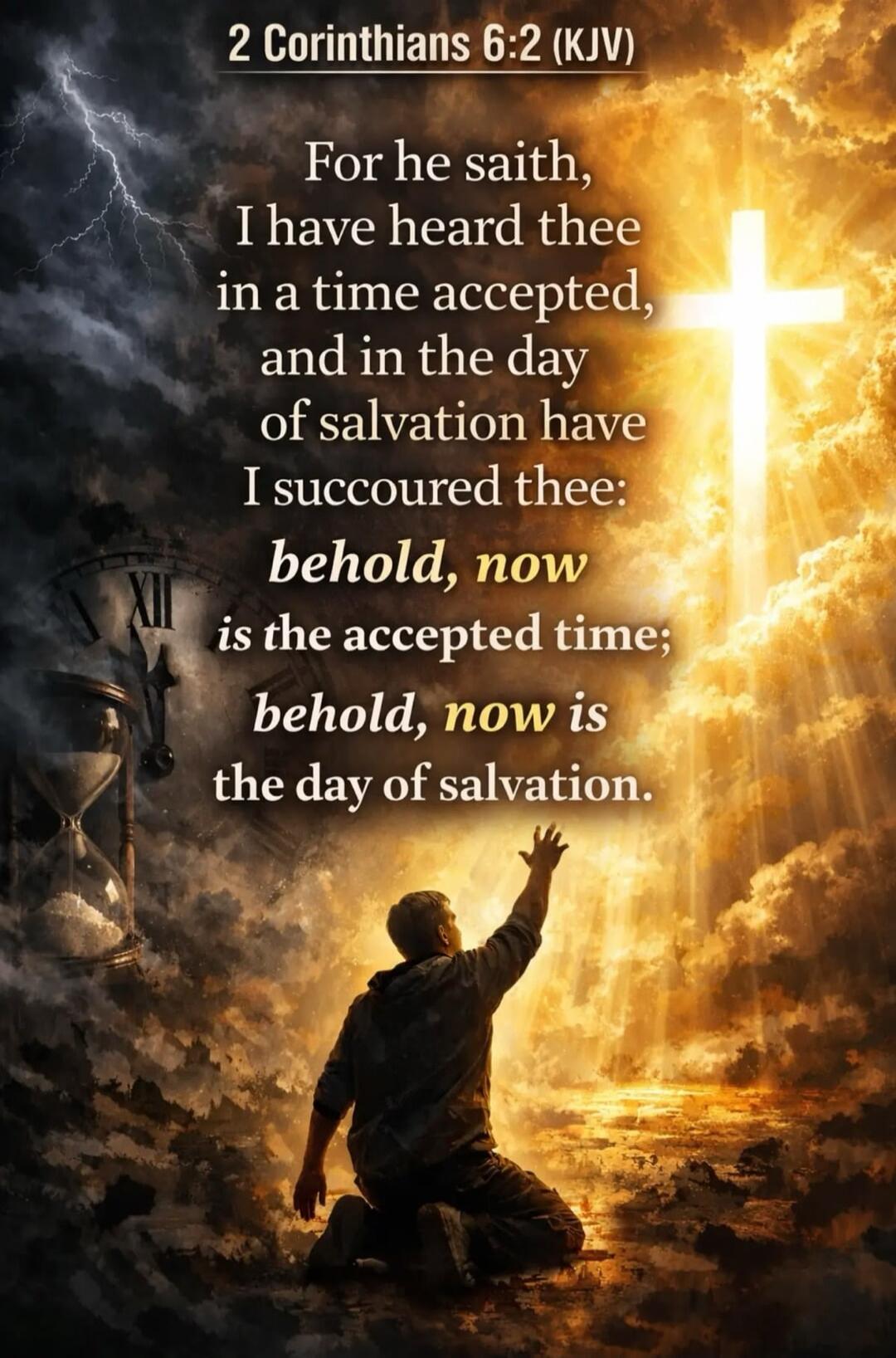 2 Corinthians 6:2 (KJV) For he saith, I have heard thee in a time accepted, and in the day of salvation have I succoured thee: behold, now is the accepted time; behold, now is the day of salvation.