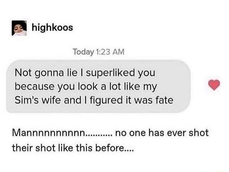 Not gonna lie I superliked you because you look a lot like my Sim's wife and I figured it was fate

Mannnnnnnnnn......... no one has ever shot their shot like this before.....