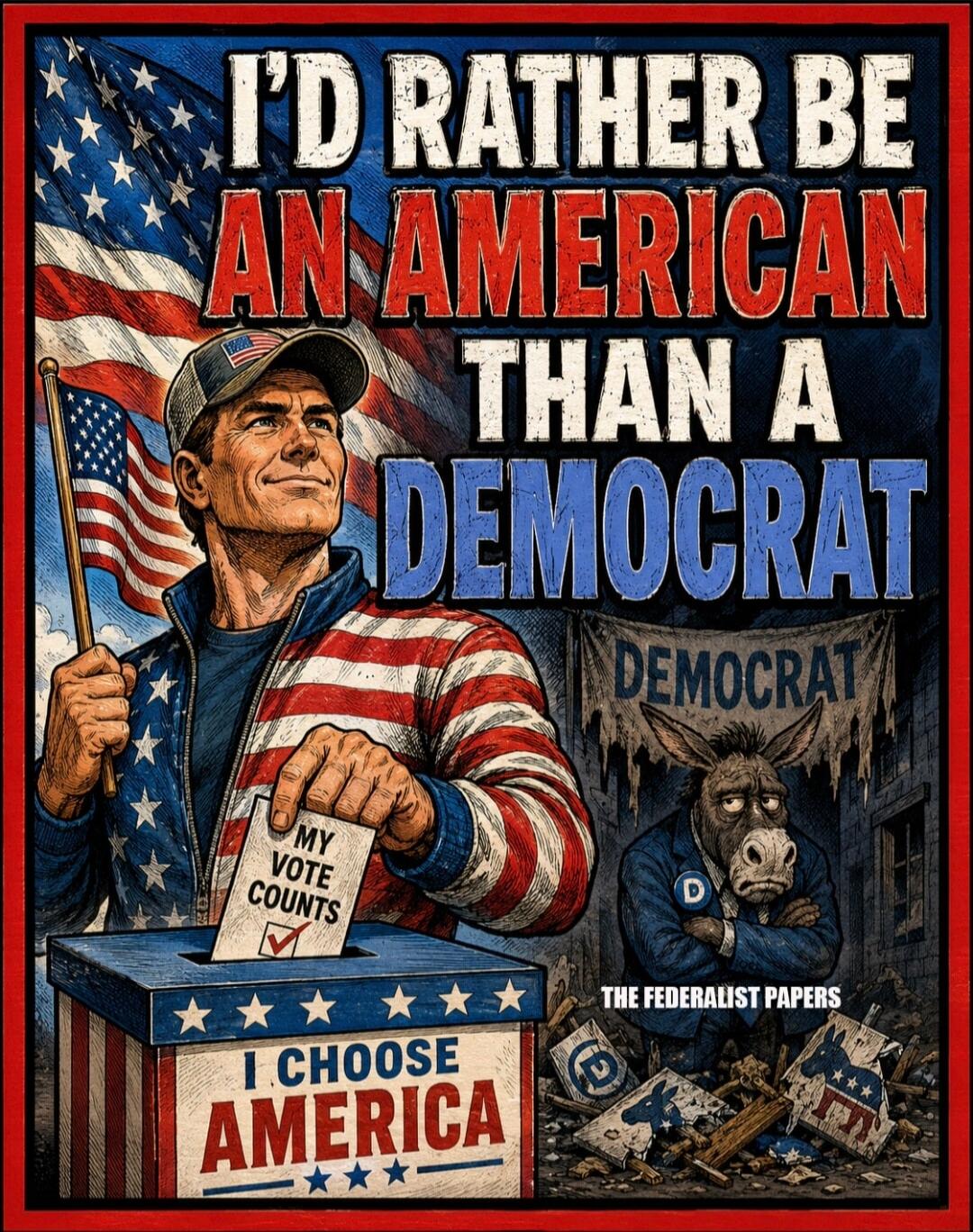 I'D RATHER BE AN AMERICAN THAN A DEMOCRAT MY VOTE COUNTS I CHOOSE AMERICA DEMOCRAT THE FEDERALIST PAPERS