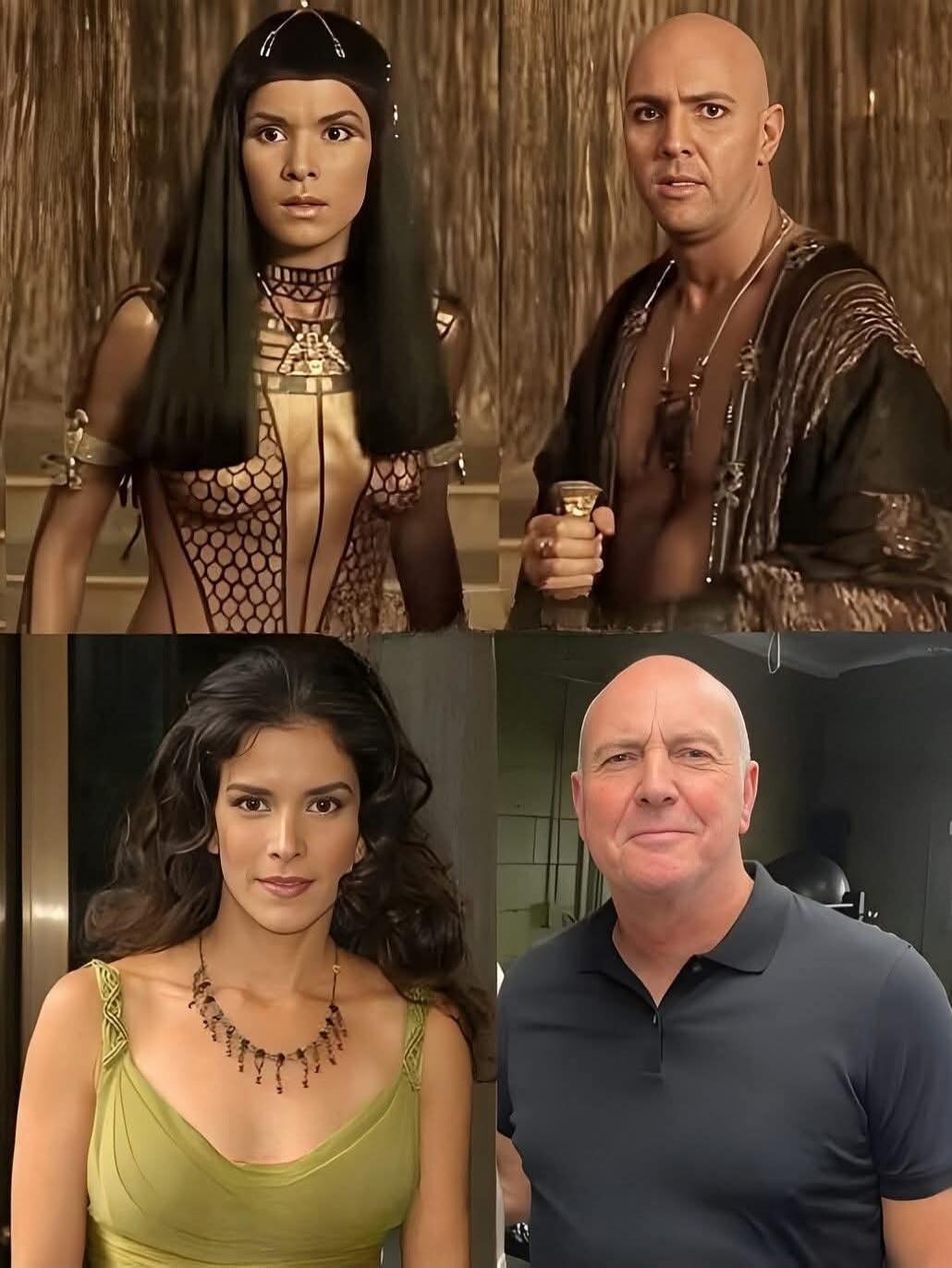A collage of four people in costume: two individuals in top row wearing fantasy outfits (one with dark hair and mesh armor, the other bald with a necklace and robe) and two individuals in the bottom row (a woman in a green top with a necklace, and a bald man in a polo shirt).