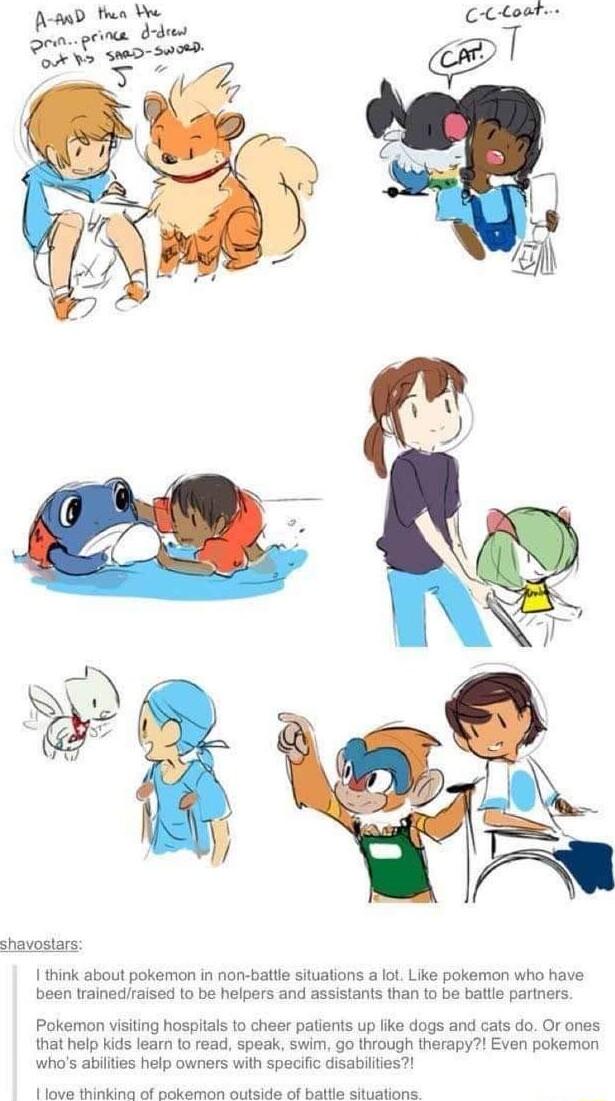 shavostars think about pokemon in non batte situations a lot Like pokemon who have been trainediraised to be helpers and assistants than to be bate partners Pokemon visiting hospitals 1o cheer patients up ike dogs and cats do Or anes that help kids learn 10 read speak swim Go through therapy Even pokemon whos abilties help owners with specifc disabilties Vi Bikiton of bakiing aulias s batle alkiat