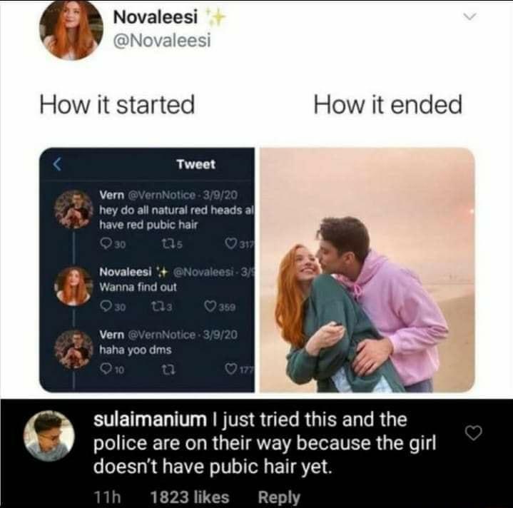 Novaleesi DNovalees How it started How it ended Novaleesi Wanna find out EVETGELTT I TSR GELRGIEER RG police are on their way because the girl doesnt have pubic hair yet
