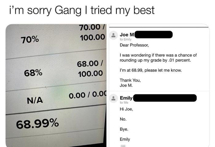 im sorry Gang tried my best 70 68 NA 7000 10000 6800 10000 000 00 Dear Professor was wondering if there was a chance of rounding up my grade by 01 percent Im at 6899 please let me know Thank You Joe M Hi Joe No Bye Emily