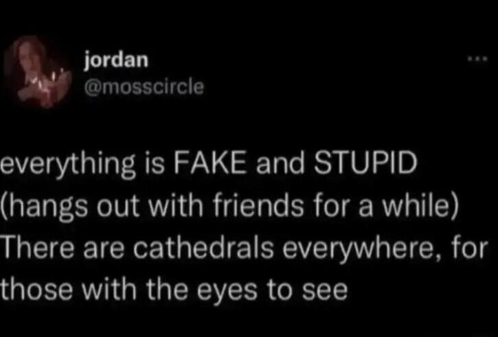 JLILED mosscircle everything is FAKE and STUPID hangs out with friends for a while There are cathedrals everywhere for those with the eyes to see