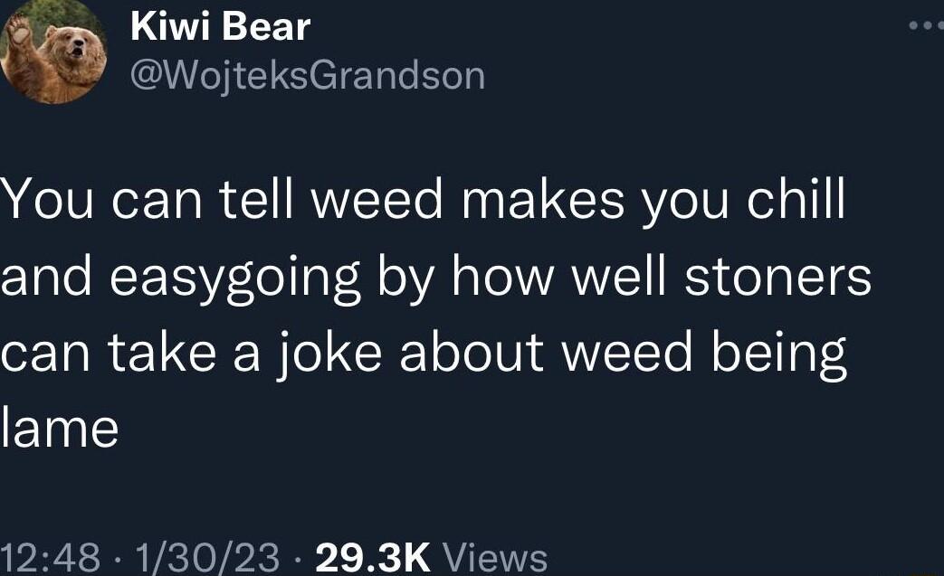 Kiwi Bear QIES eI T You can tell weed makes you chill and easygoing by how well stoners can take a joke about weed being ETE 1248 13023 293K Views