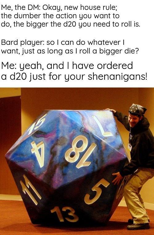 Me the DM Okay new house rule the dumber the action you want to do the bigger the d20 you need to roll is Bard player so can do whatever want just as long as roll a bigger die Me yeah and have ordered a d20 just for your shenanigans