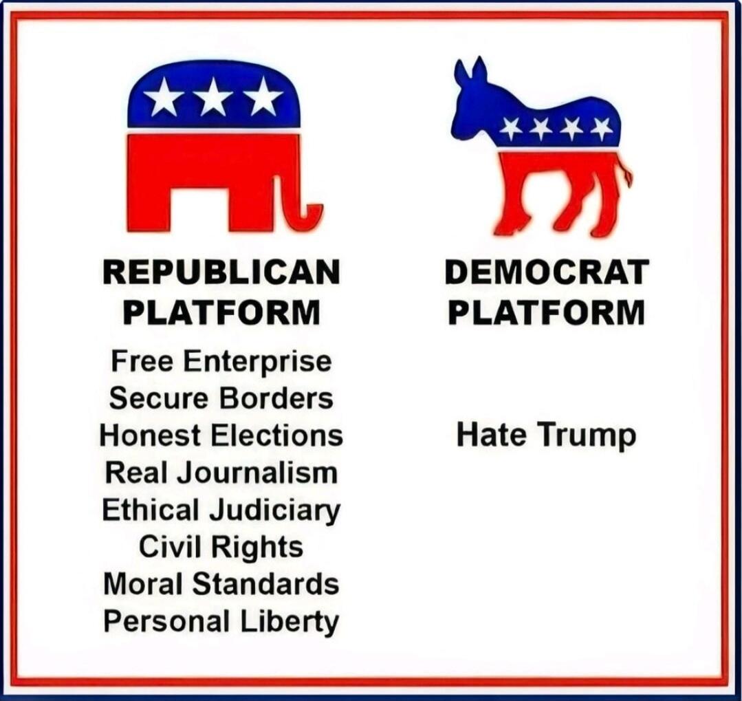 REPUBLICAN PLATFORM
Free Enterprise
Secure Borders
Honest Elections
Real Journalism
Ethical Judiciary
Civil Rights
Moral Standards
Personal Liberty

DEMOCRAT PLATFORM
Hate Trump