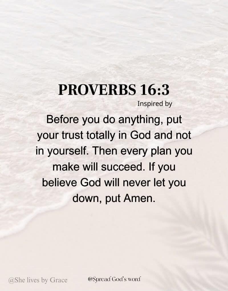 PROVERBS 16:3 Inspired by Before you do anything, put your trust totally in God and not in yourself. Then every plan you make will succeed. If you believe God will never let you down, put Amen.