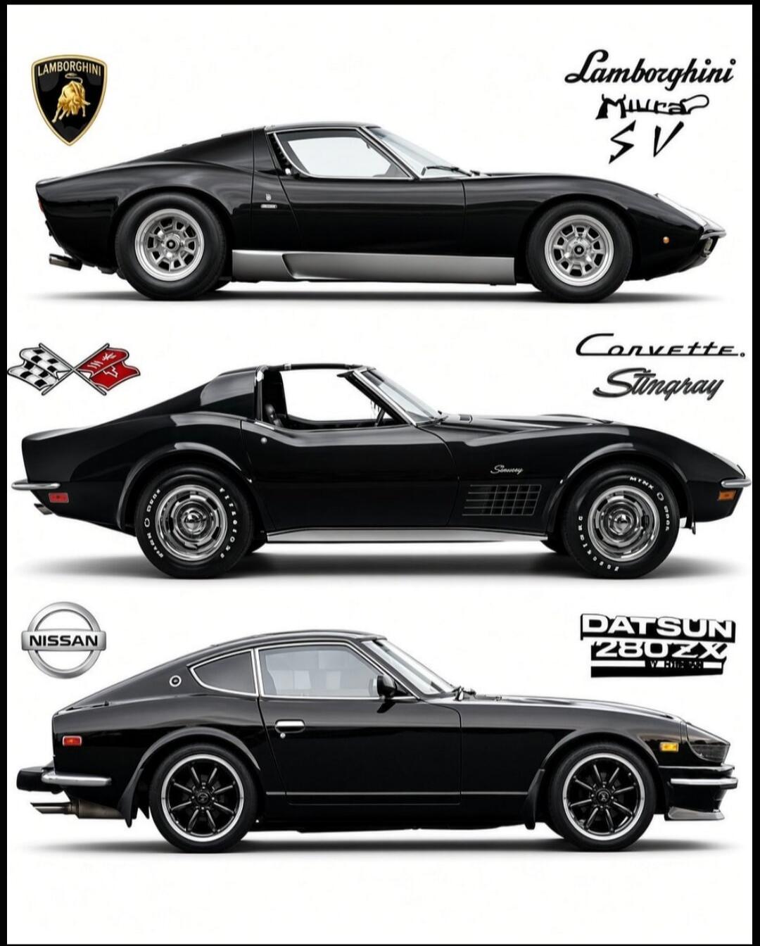 Lamborghini Miura SV, Corvette Stingray, Datsun 280ZX. Three classic black sports cars are displayed against a white background, each with their respective brand logos and model names.
