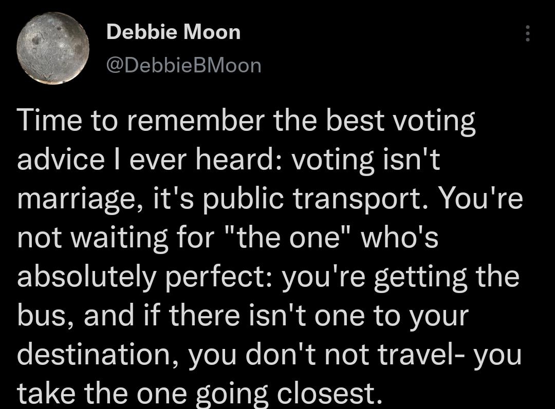 R Debbie Moon DIY oY o1121Y LoTe t Time to remember the best voting advice ever heard voting isnt ETgE T R o1V o IeR i g TaE oJo g A o UR not waiting for the one whos absolutely perfect youre getting the JVERE Tale MR SRS AR el alR e YeV g destination you dont not travel you 12 CRUER0 g N lo a VMol e 11151