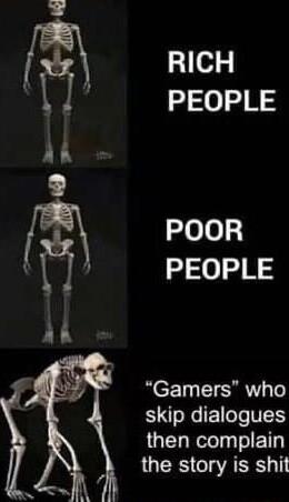 RICH PEOPLE POOR PEOPLE Gamers who skip dialogues then complain the story is shit