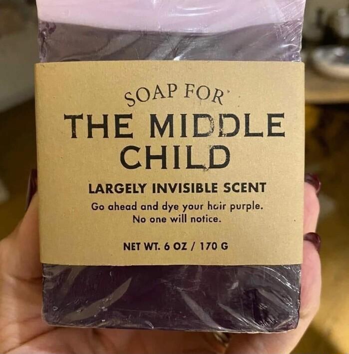 cOAP FOR THE MICDLE CHILD LARGELY INVISIBLE SCENT Go ahead and dye your hair purple No one will nofice NETWT 602 170G