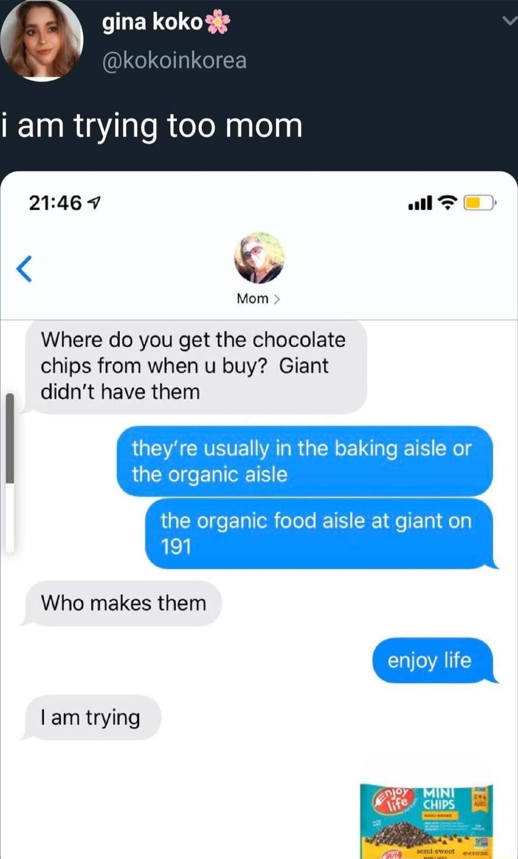 ELCIET OLCCICICE i am trying too mom 21469 oll Mom Where do you get the chocolate chips from when u buy Giant didnt have them Who makes them am trying